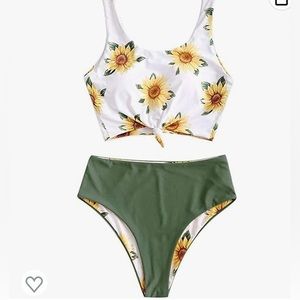 Women's Knot Front Scoop Neck Bikini, High Cut Thigh, Sunflower, Sz Small